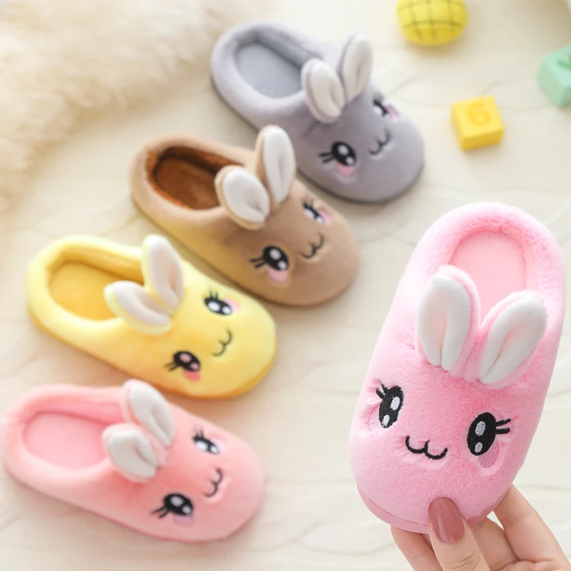 Baby Girls Cotton Slippers 2024 New Winter Children\'s Cute Rabbit Plush Slippers Boys Home Indoor Shoes Furry Kids Slippers