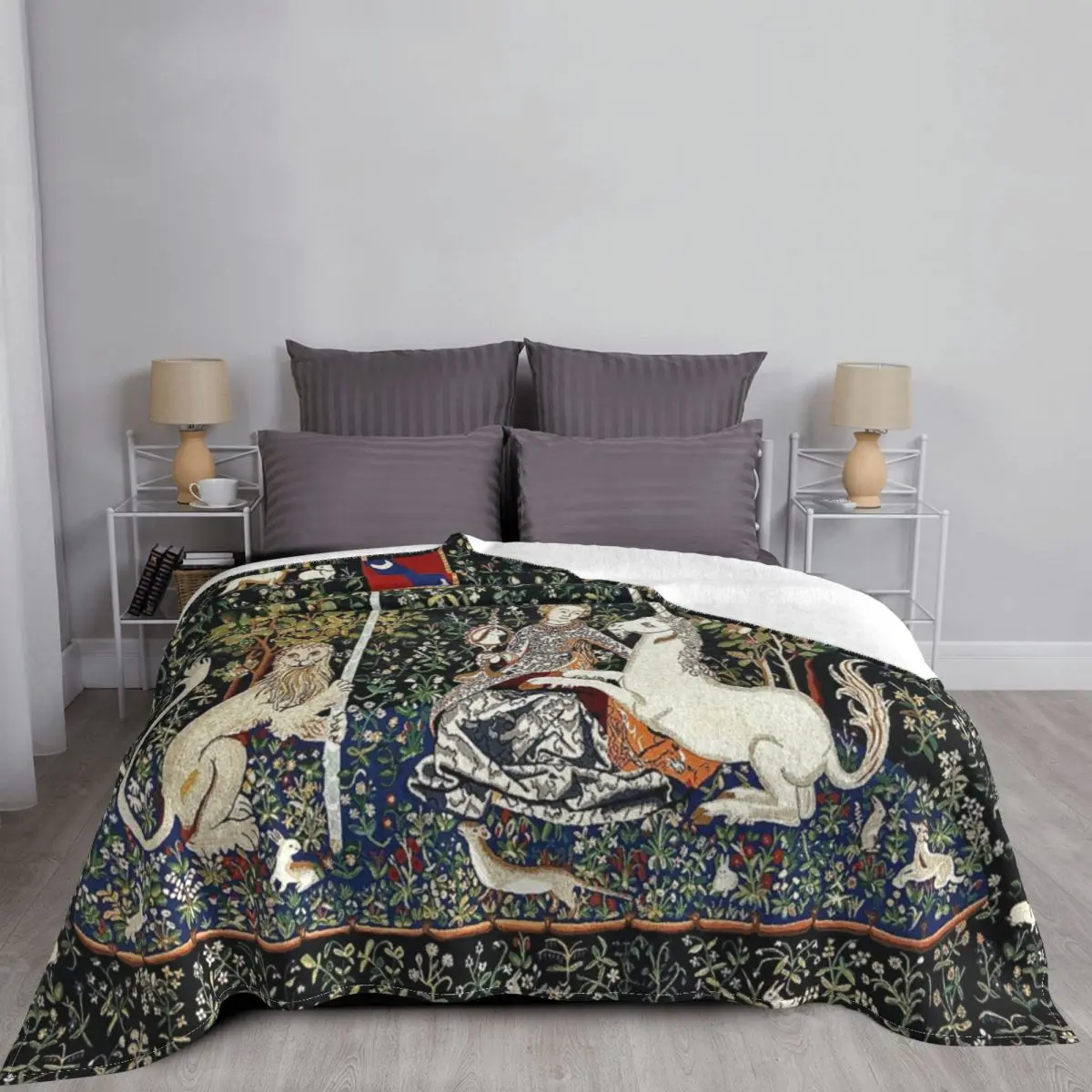 The Lady And The Unicorn Midnight Floral Knitted Blankets Fleece Medieval Renaissance Soft Throw Blanket for Bed Bedroom Quilt