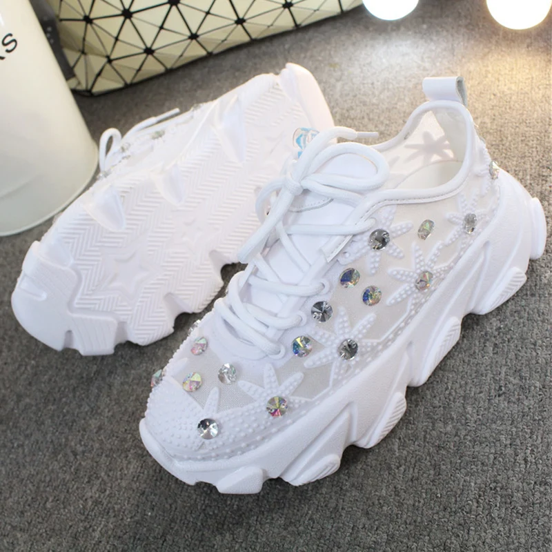 2021 Rhinestone Wedge Sneakers Women Trainers Dames Chunky  Platform  White  Casual Shoes Woman chaussures femme