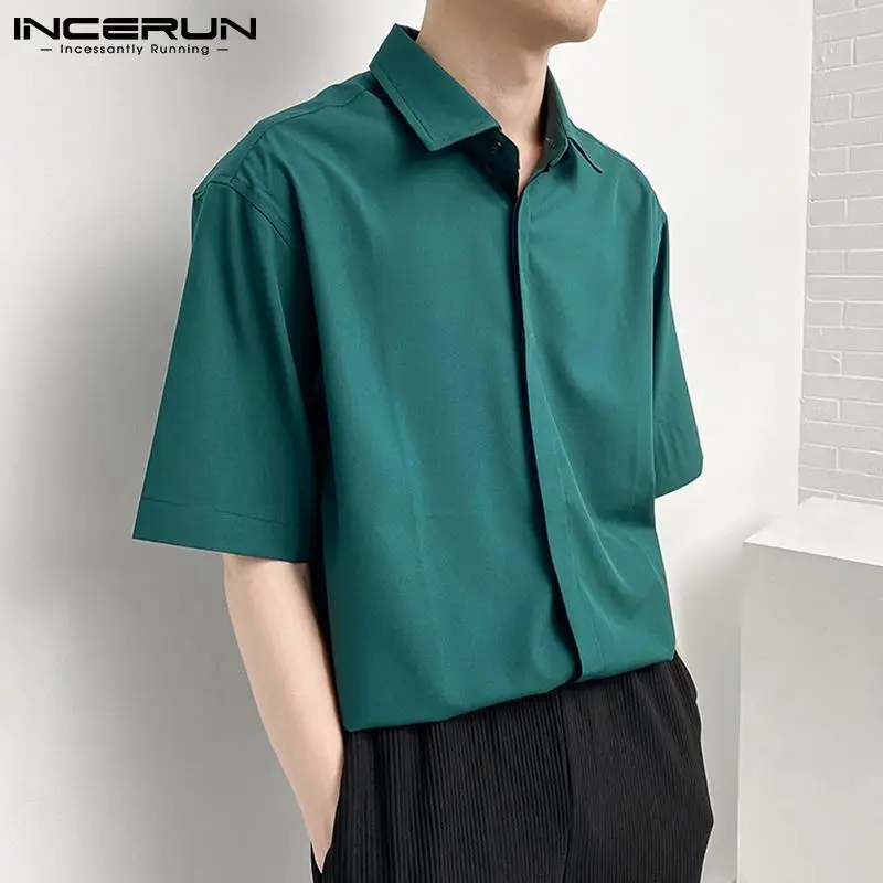 INCERUN Solid Color Men Shirt Lapel Short Sleeve Button Casual Shirts Streetwear Fashion Korean Style Leisure Men Clothing 2023