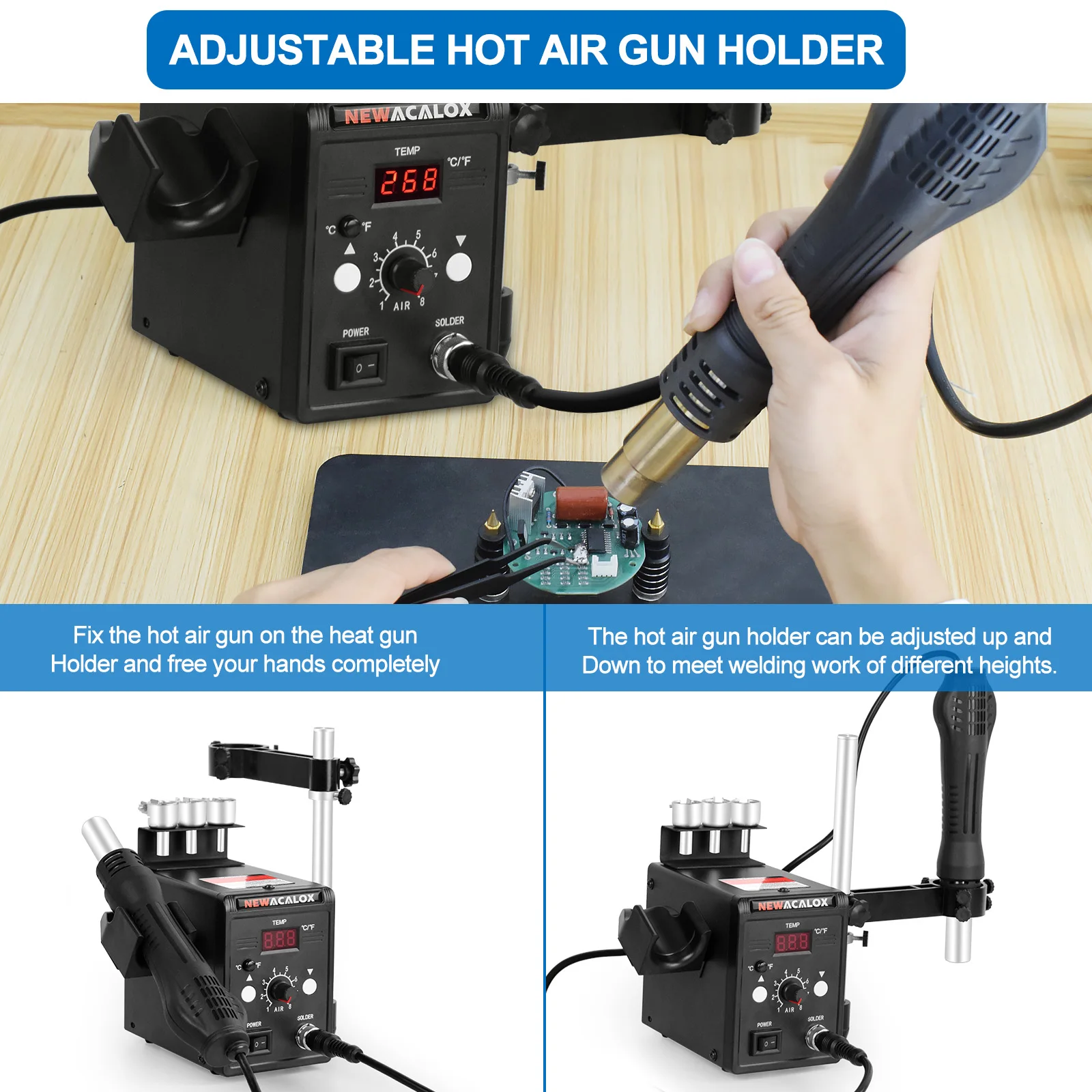 Imagem -05 - Newacalox-hot Air Rework Estação de Solda com Controle de Temperatura Volume Ajustável Heat Gun Holder para Smd 858d