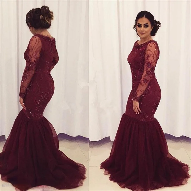 Elegant Mermaid Mother of the Bride Dresses Long Sleeves Lace Applique Tulle Beaded Floor Length Plus Size Wedding Evening Dress