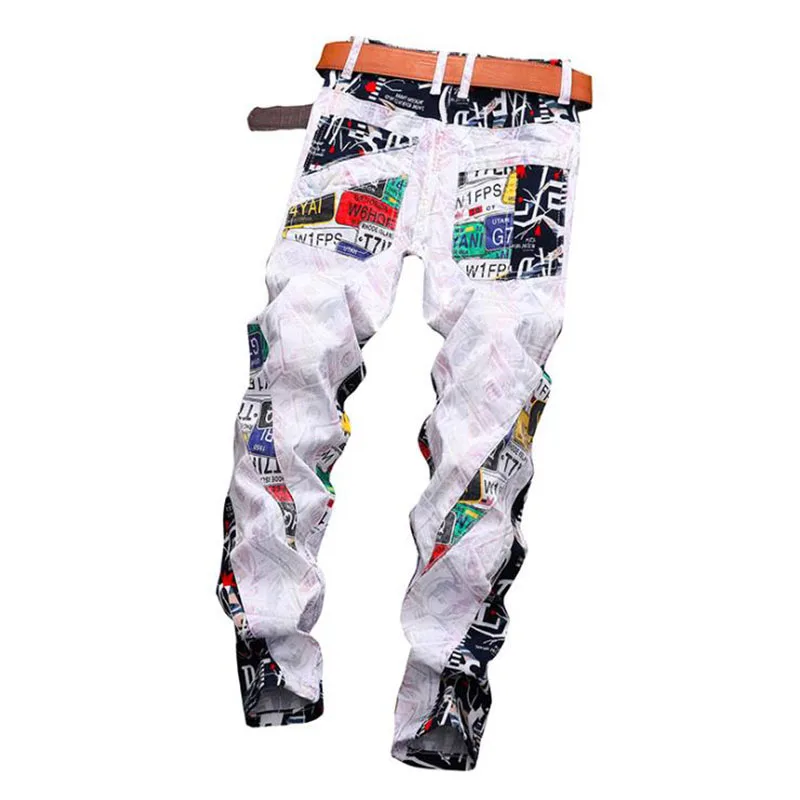 2021 New European American Men Colored Jeans Spring Alphabet Digital Printing Pants Men's Slim Fashion Stretch Casual Trousers