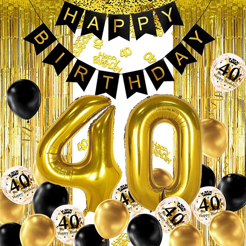 

40th Black Gold Birthday Party Decoration, Happy Birthday Banner, Helium Number Balloon 40 XXL, 2 Gold Fringe Curtain, Latex Con