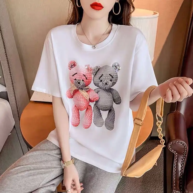 T-shirt manches courtes en coton pour femmes, vêtements d'été, blanc, industrie lourde, Flash, gros ongles, perle, ours de dessin animé, Tops amples, rajeunissants