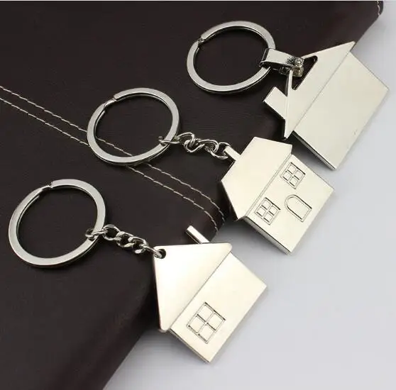 

100pcs/lot New Metal Mini House Shaped Keychains Cottage Keyrings Free Custom LOGO Gifts for Promotion