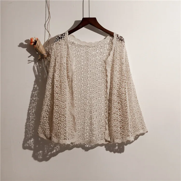 Hollow OUT Kimono Cardigan ฤดูร้อนแขนยาวถักเสื้อผู้หญิง Boho Beach Beige สีขาว Cardigan สไตล์เกาหลีสไตล์