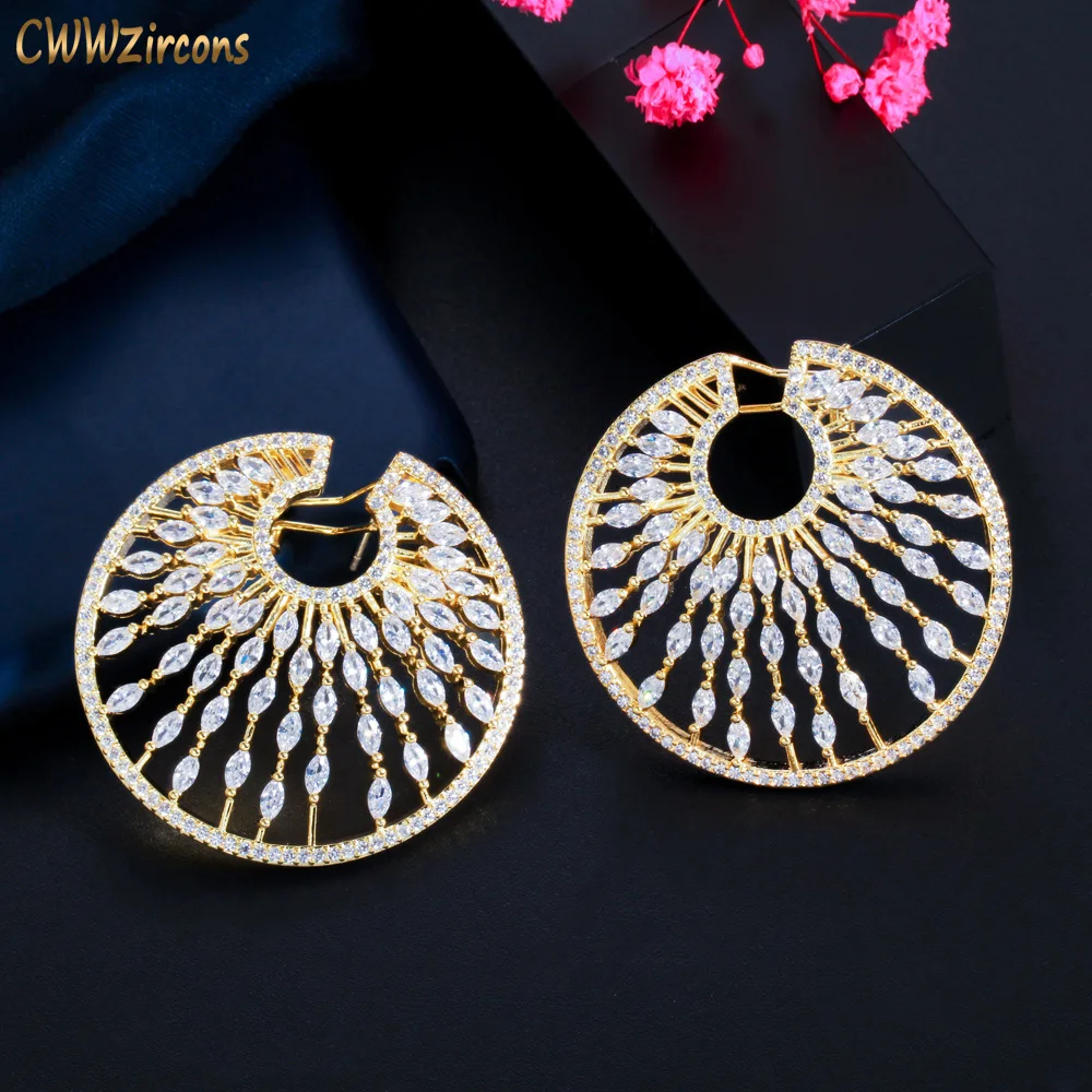 CWWZircons Shiny Fireworks White Cubic Zirconia Large Circle Round Women Wedding Party Earrings Trendy Gold Color Jewelry CZ851