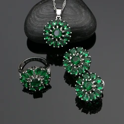 925 Sterling Silver Jewelry Sets For Women Natural Green Flower Cubic Zirconia Stud Earrings Pendant Ring Necklace Set