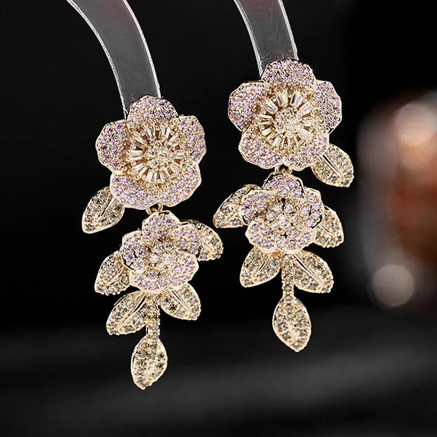 1 Pair Colorful CZ Flower Drop Earrings Trendy Fully-Jewelled Long Earrings Women Party Accessory Ear Jewelry New Arrival