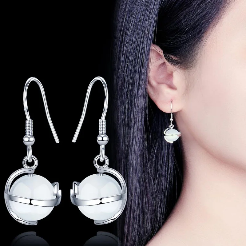 KOFSAC Latest 925 Sterling Silver Earrings For Women Jewelry Cute White Cat's Eye Crystal Ball Earring Girl Party Accessories