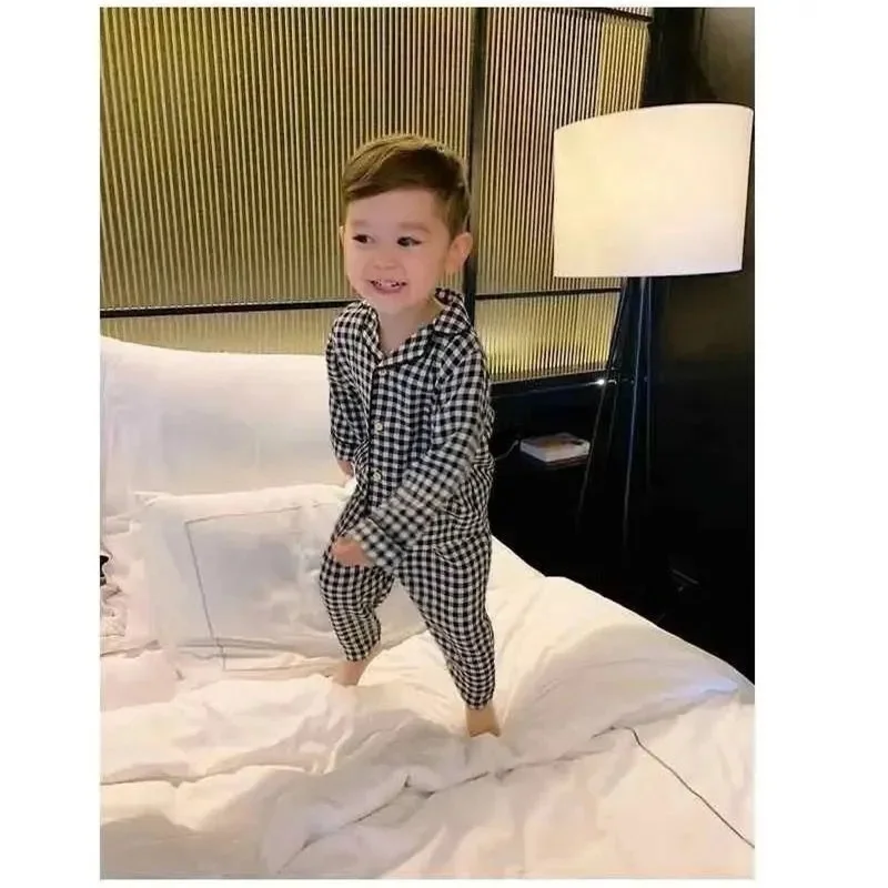 Classic Black White Grid Pajamas Sets Boys Baby Nighty Two-Piece Summer Autumn Long-Sleeved Shirt Trousers Loose Tops Pants