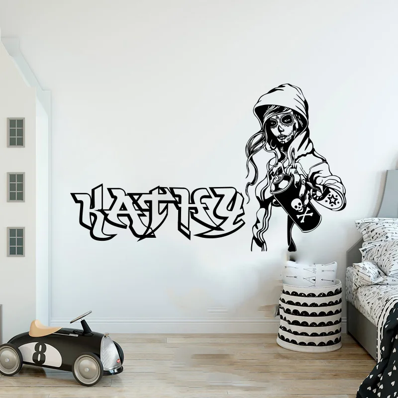 Custom Name Graffiti Skull Girl Tattoo Wall Sticker Nursery Kids Room Candy Sugar Rockabilly Mexican Day of the Dead Decal