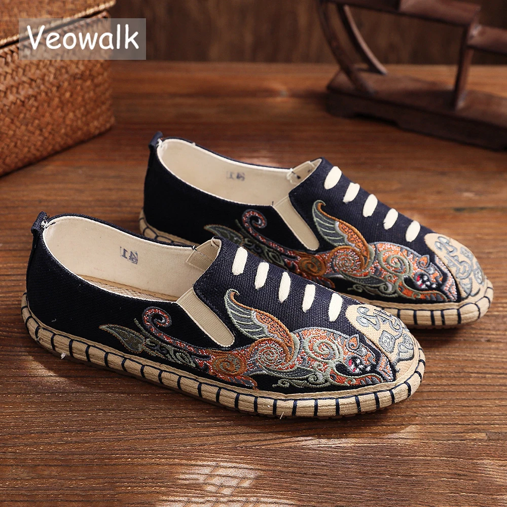 Veowalk Men Embroidered Shoes Handmade Japanese Style Espadrilles Flats Soft Comfortable Slip On Loafers Driving Sneakers