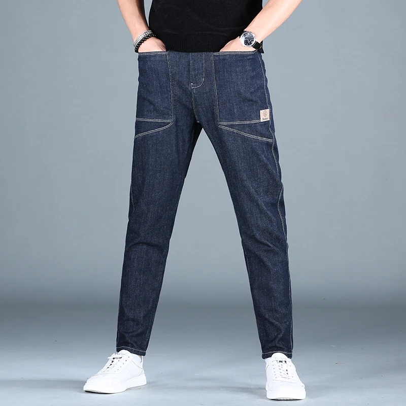 Fashion Summer Blue Jeans Men Korean Style Slim Fit Pencil Pants Patchwork Stretch Denim Trousers