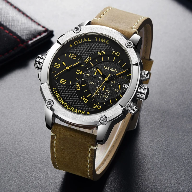 MEGIR New Design Waterproof Sports Quartz Watch Fashion Luxury Army Military Watches Men Dual Time Zone Clock Relogio Masculino