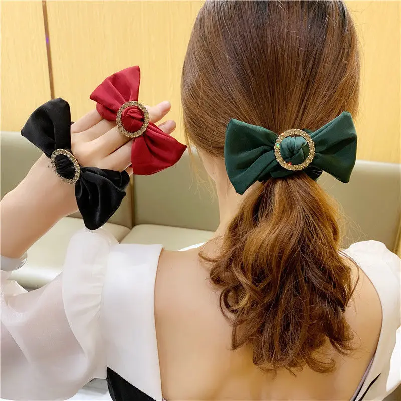 

Satin Silk Bow Hair Scrunchies Ties Korean Rope Elastic Rubber Bands Rhinestones Ponytail Holder Girl Hair Accessories For Women