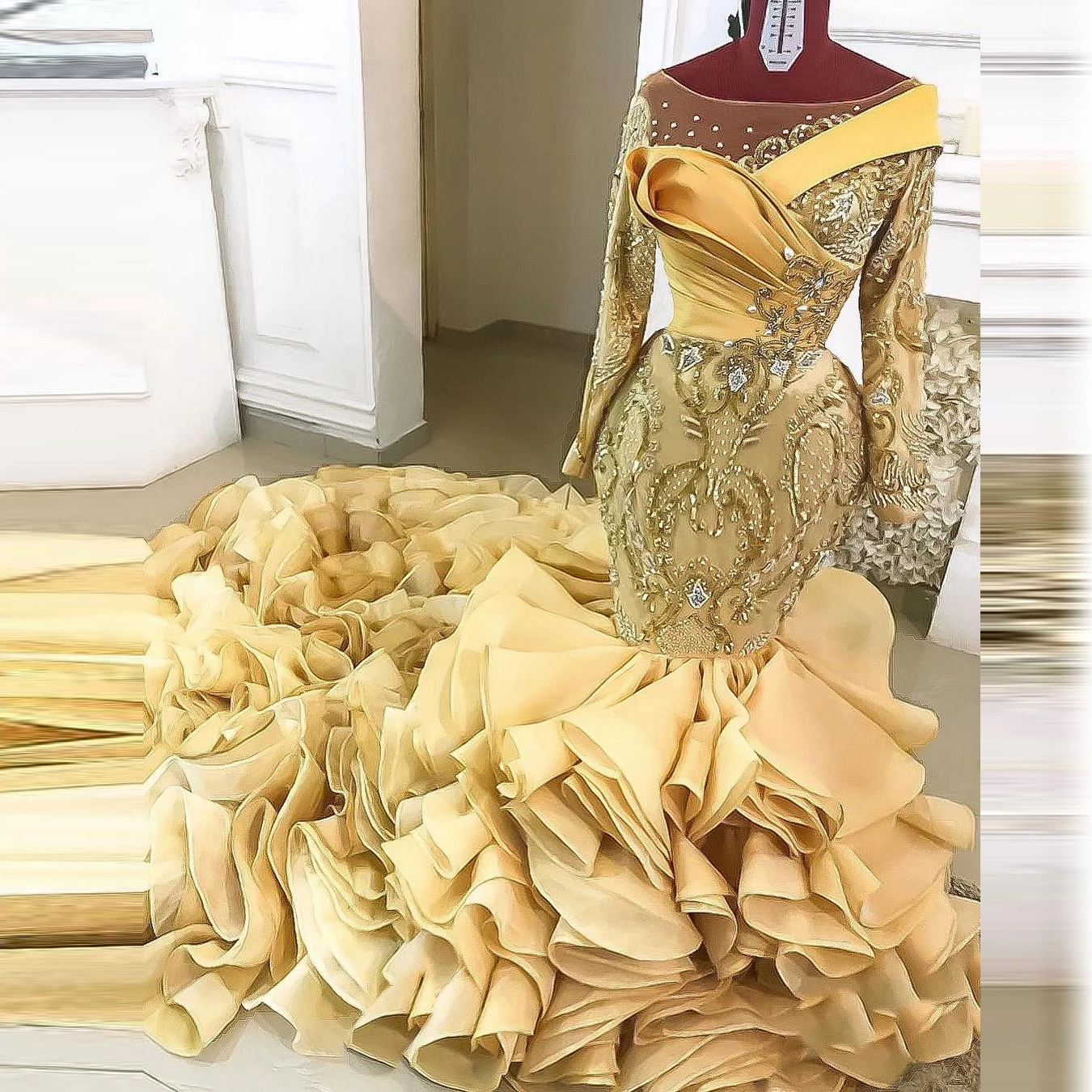 Gold Ruffles Mermaid Prom Dresses  Sheer Neck Appliques Beads Tiered Puffy Bottom Plus Size Evening Gowns Aso Ebi Party Dress