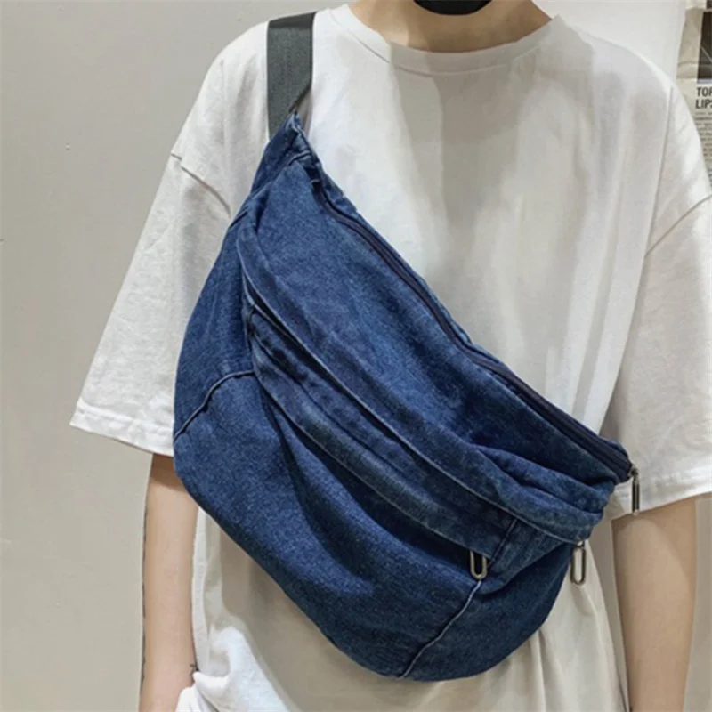 Sac à Bandoulière Unisexe en Denim de Grande Capacité, Sacoche Hip Hop Solide avec Ceinture pour Documents, Nouvelle Collection pour Fille et Femme