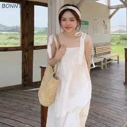 Dress Women Summer Simple Sleeveless Elegant Ulzzang Calf-mid Solid All-match Students Lovely Stylish Cozy Baggy Girls Sundress