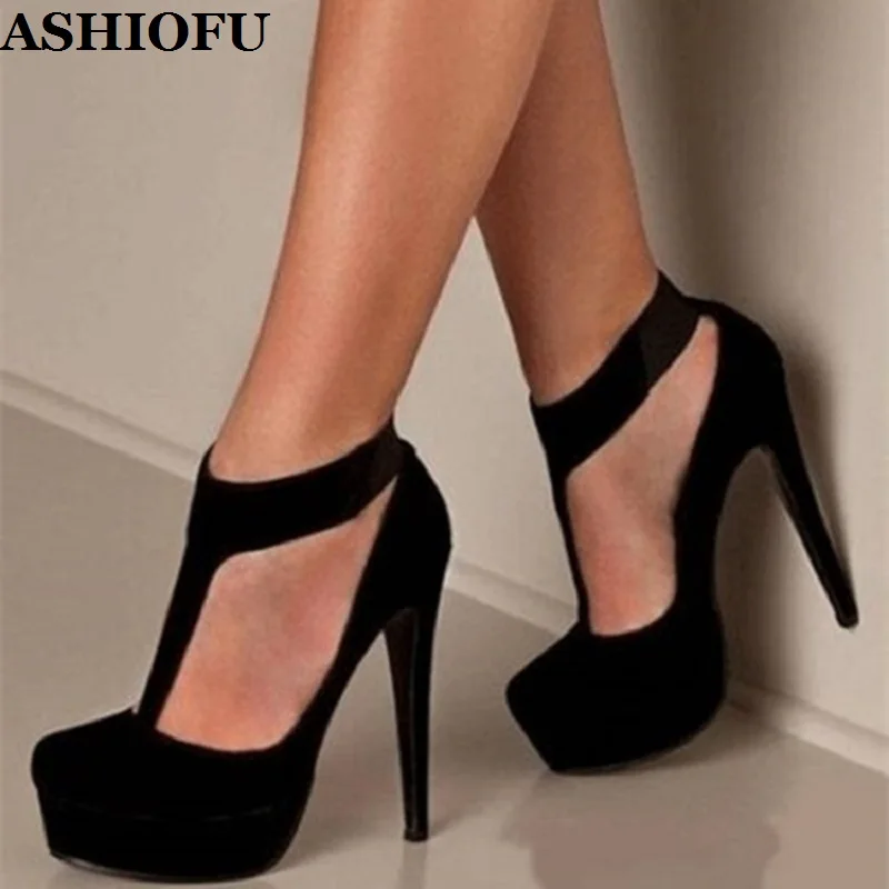 

ASHIOFU Handmade Women High Heel Pumps T-strap Office Party Dress Shoes Platform Sexy Daily Wear Evening Fashion Hot Black Shoes