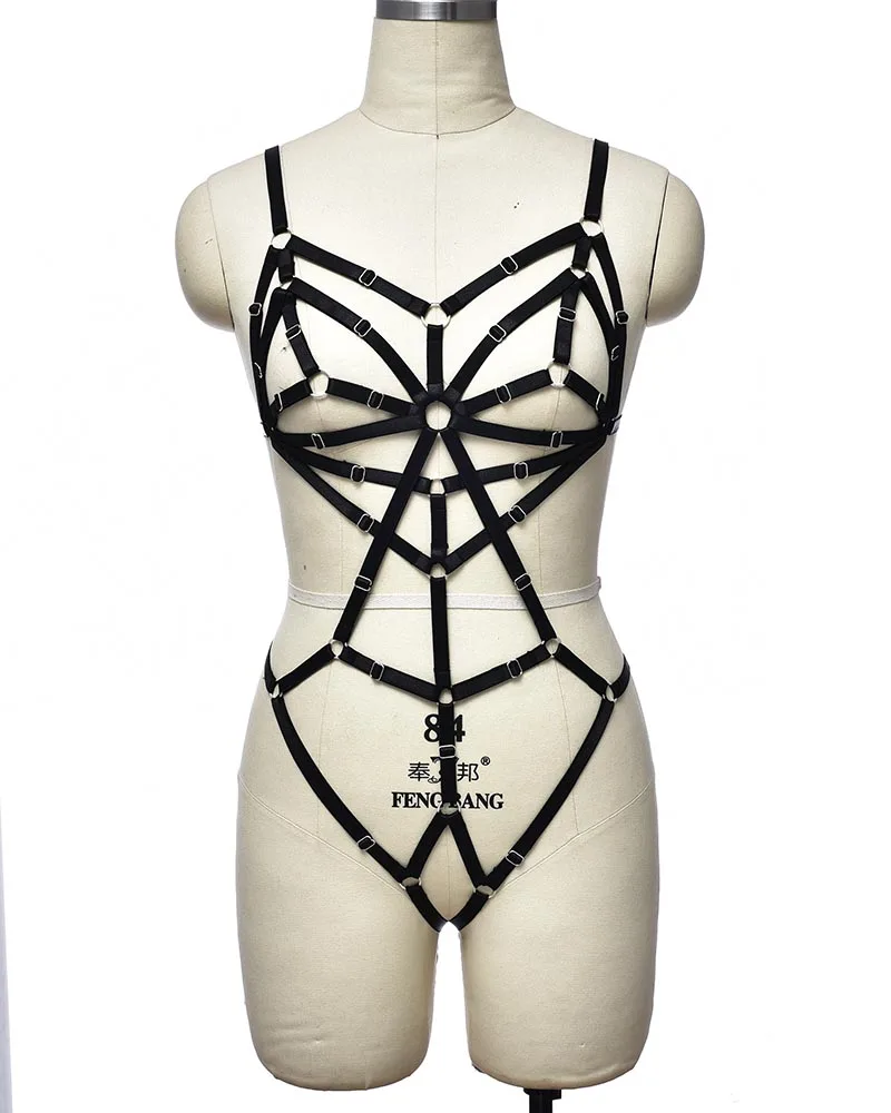 

Goth Bondage Harness Set Women Clothes Open Chest Bra Festival Rave Wear Sexy Lingerie Body Cage Adjust Fetish Briefs Panties