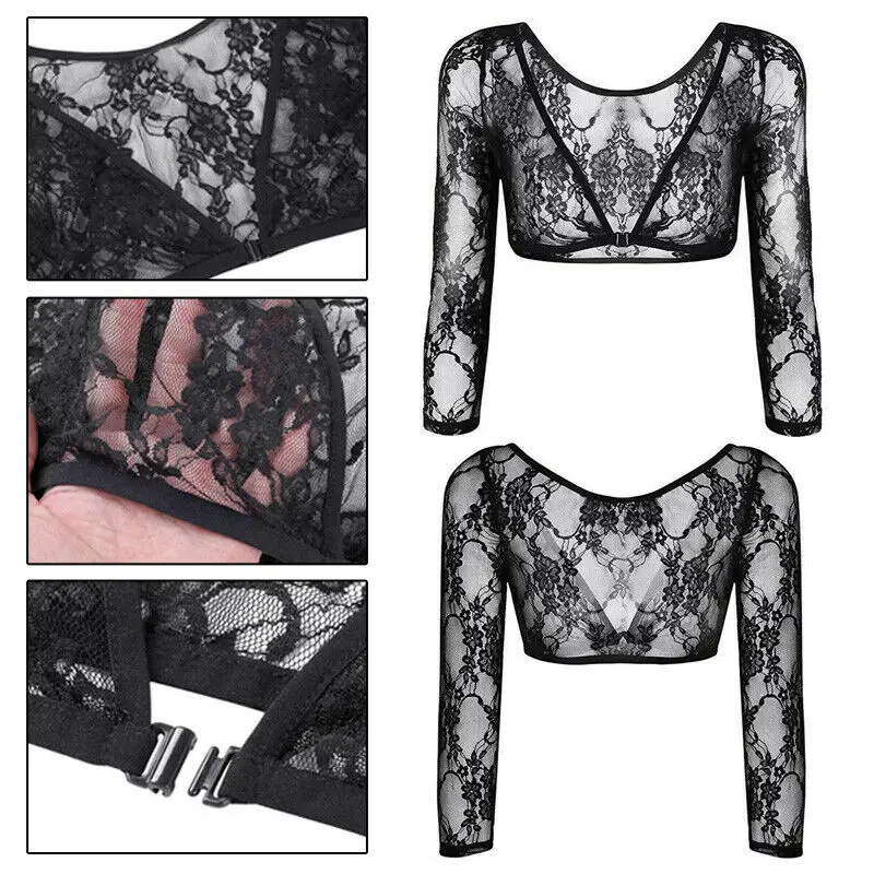 Seamless Arm Shaper Sleevey Women\'s Sexy Lace V-neck Perspective Crop Tops S-3XL