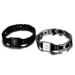 Cross Magnetic Bracelet Homme Black Carbon Fibre Luxury Stainless Steel Bracelet 12mm Health Energy Magnetic Bracelet Benefits