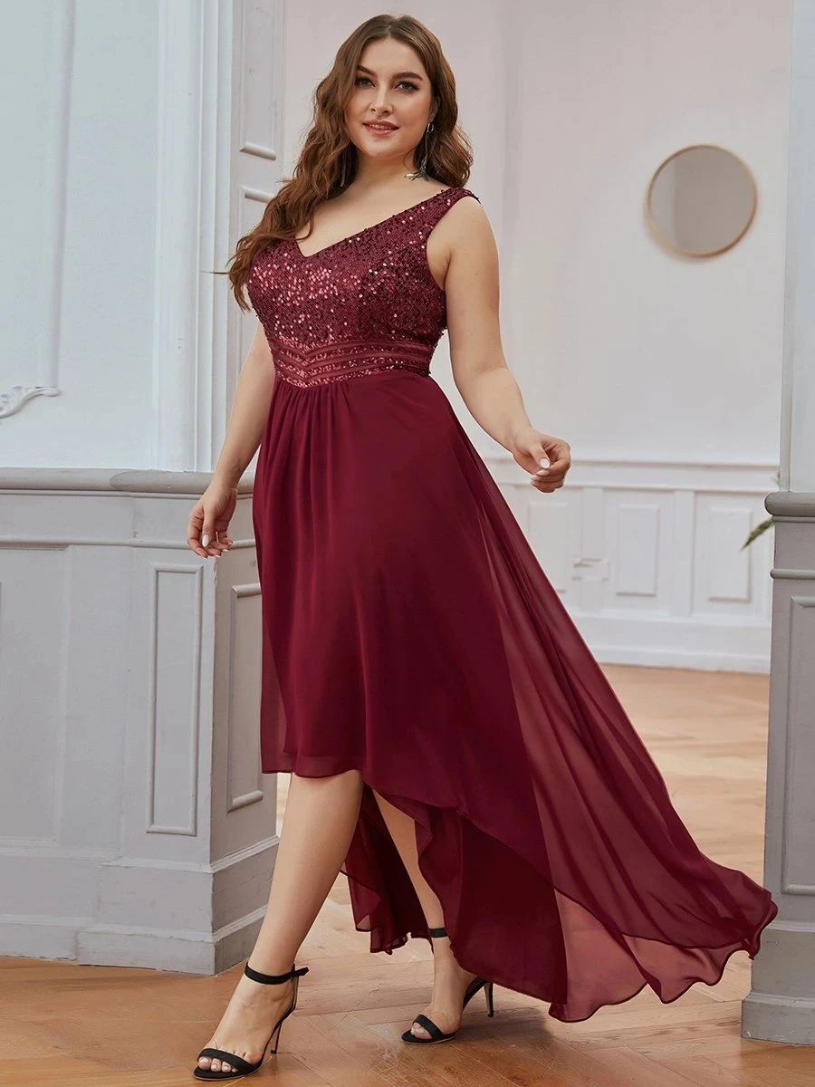 Plus ขนาดชุดราตรี V-Neck A-Line เลื่อมยาวชุด2023 Pretty Burgundy Elegant พรหมชุด wome