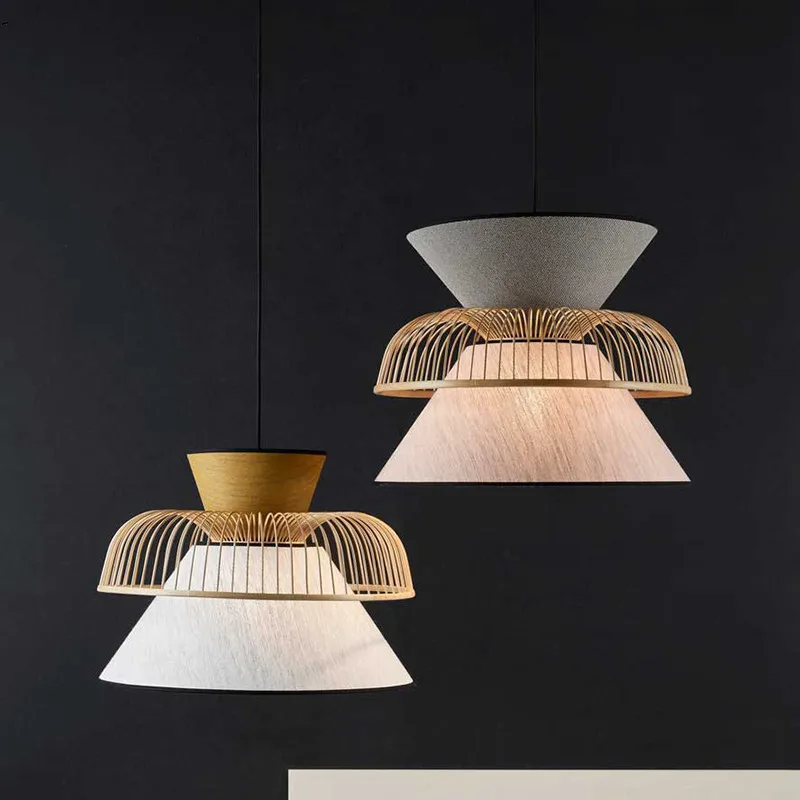 Japanese Fabric Bamboo wood pendant light Modern Minimalist LED e27 pendant light design Decor Bedroom Mekko Suspended Lights