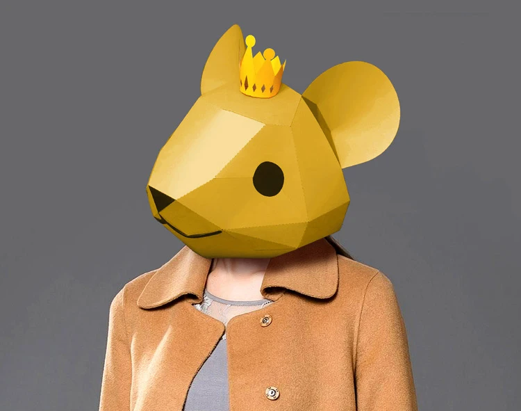 Pre Cut Paper Mask 3D Mouse with crown Halloween Costume Cosplay DIY Paper Craft Model Mask Christmas