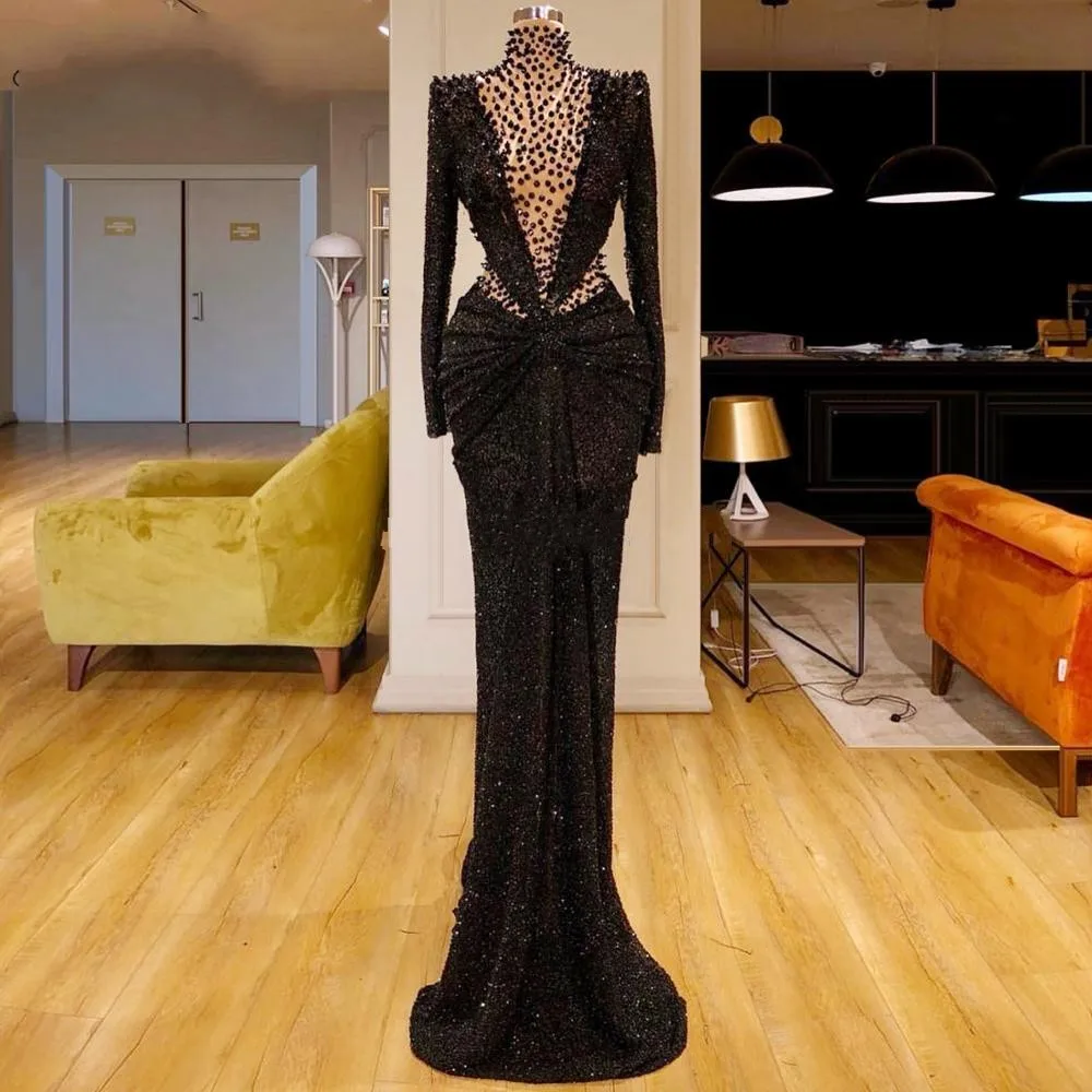 High Neck Glitter Black Turkish Dubai Sequins Evening Dress Mermaid Pageant Party Gown 2025 Arabic Custom Prom Wear Vestidos