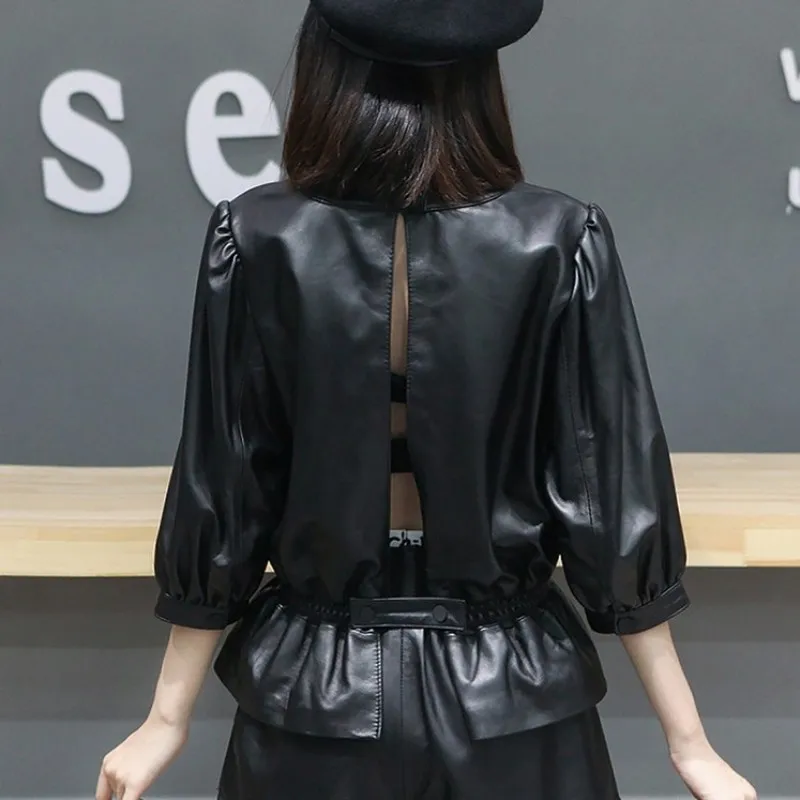 Elegant Sheepskin Real Leather Jacket Office Ladies Spring O Neck Half Sleeve Sexy Backless Fashion Elastic Waist Women Outwear