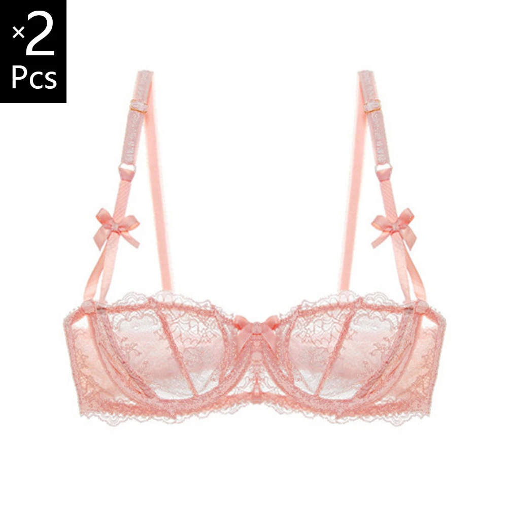 2 Pieces Female Sexy Lingerie Plus Size Half Cup Bras For Women Transparent Underwire Push Up Lace Brassiere Top A B C D E Cup