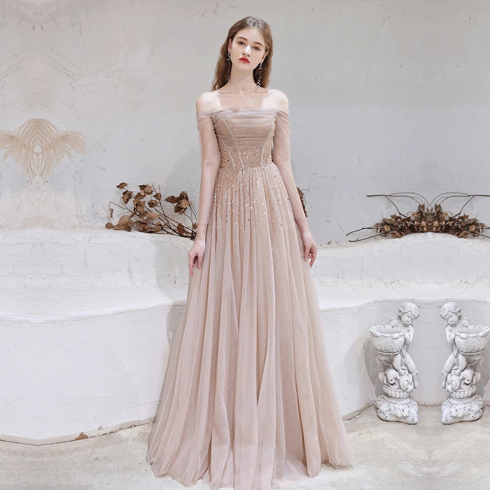 Customized Gorgeous Evening Dresses  Nude Pink Sexy Off Shoulder Beaded Beading Sequined Long Sleeve Formal Gown