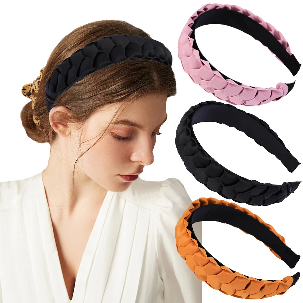 

FORWOT Braid Hairband Elastic Women Satin Knotted Headband Vintage Wide Hair Bands Hoop Twist Weaving Hair Accessories Headwear