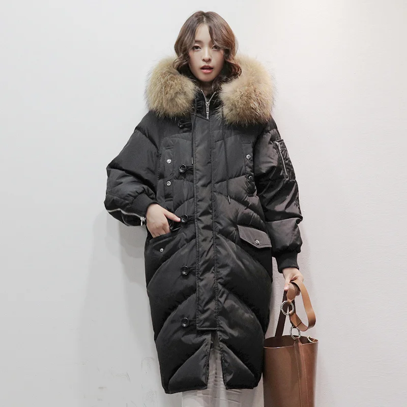 2020 Korean Style Winter Womens Down Jacket Oversize 90% Duck Down Coat Women Long Large Real Raccoon Fur Hooded