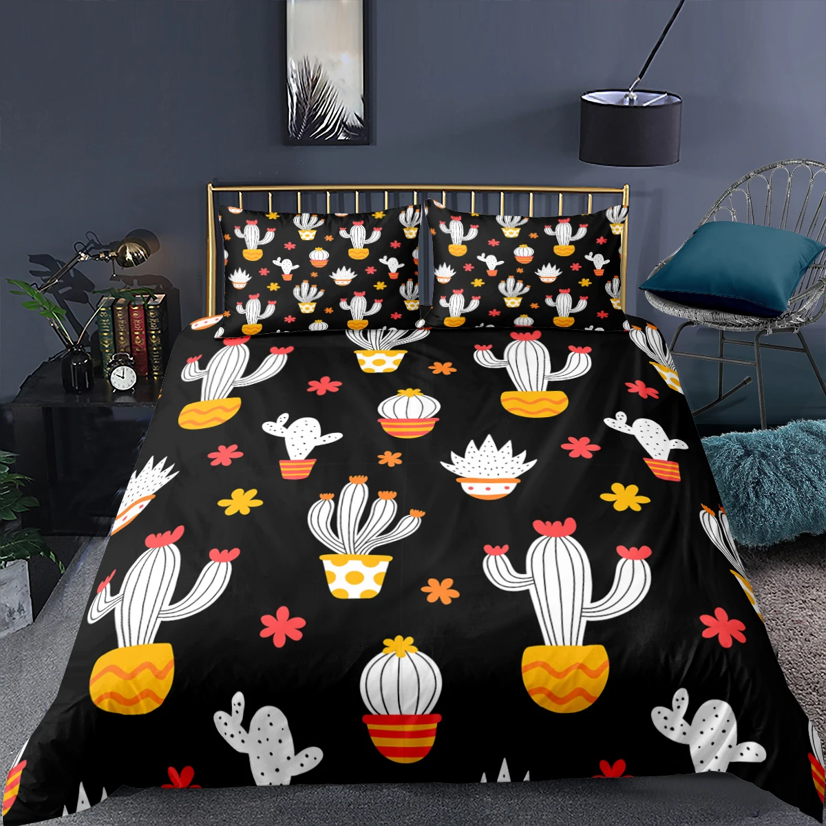 Cartoon Cactus Duvet Cover Pillowcase Fashion Bedding Set Twin Full Queen King Size Kids Adults Bedclothes Black Home Textile