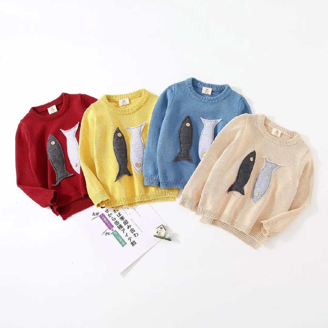 Spring Autumn Winter 2 3 4 5 6 8 10 Years Teenage Christmas Gift O-Neck Knitted School Child Fish Pattern Baby Kids Boys Sweater