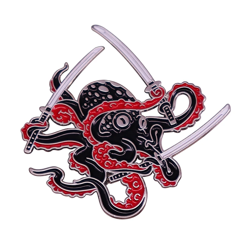 Octopus Swordsman Pin Black Samurai Brooch Funny Badge