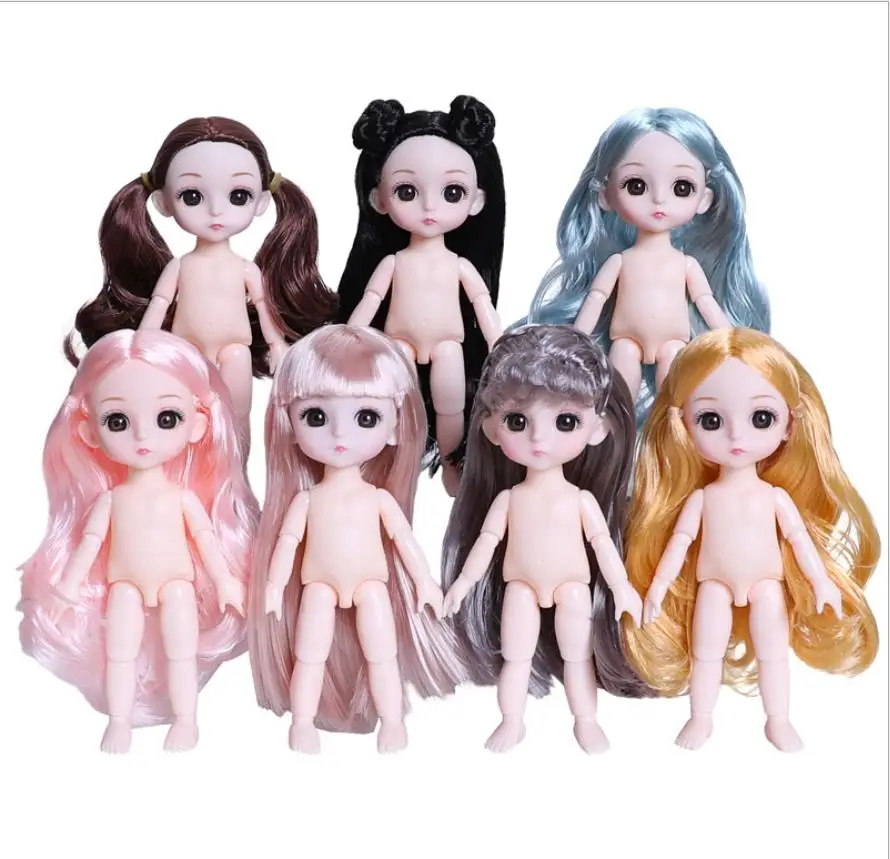 16cm 13 Movable Jointed Dolls Toys Mini Long Hair Head Baby Girl Doll DIY Makeup Naked Nude Ob11 Body Dolls Toy For Girls Gift