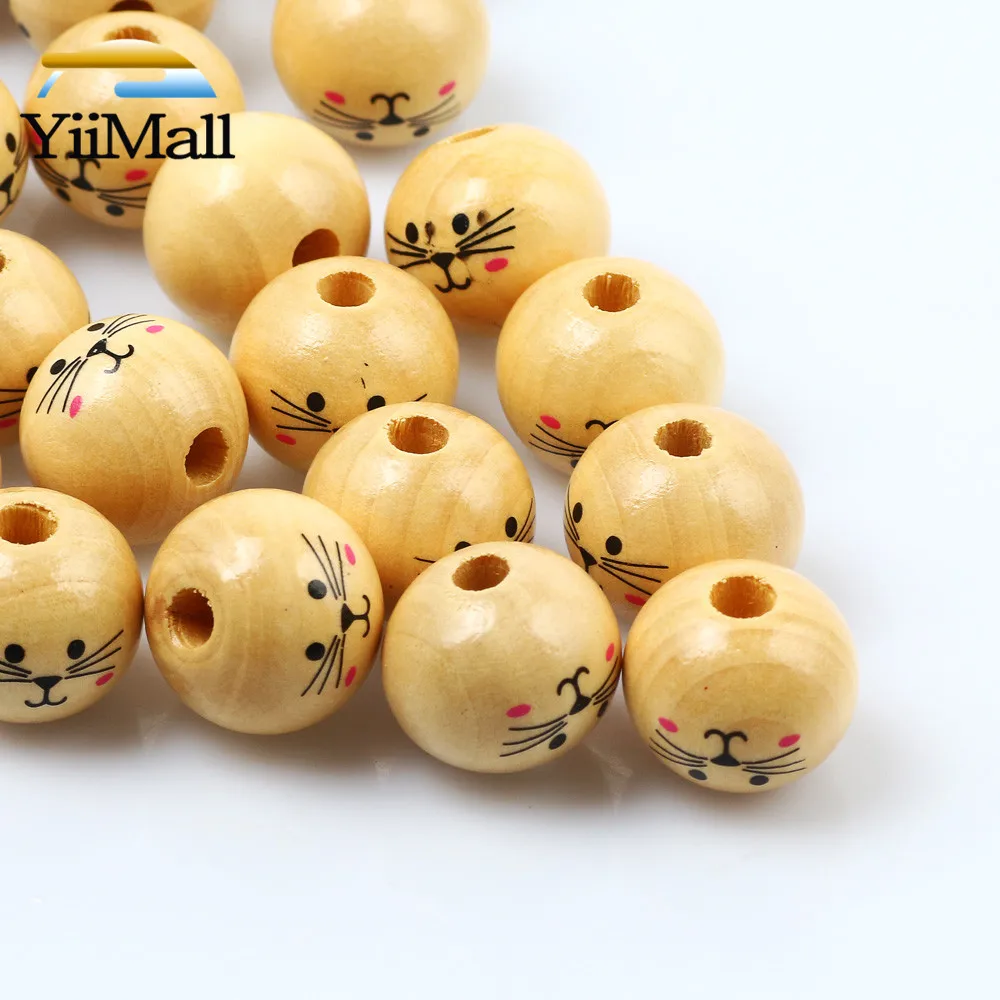 3-10Pcs 20/30mm Cute Cat Natural Wooden Beads Round Spacer Loose Beads For Jewelry Making Handmade Diy Necklace Bracelet