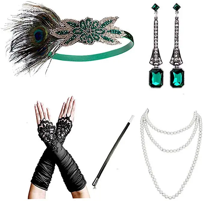 

The 1920s Five-piece single party retro peacock feather hair band set peacock headdress necklace gloves smoke pole gloves