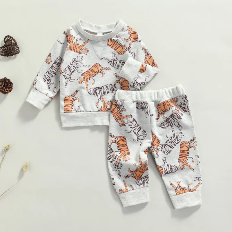 

Baby Long Sleeves + Trousers, Tiger Pattern Cartoon Print Classic Round Neck Spring Autumn Clothing