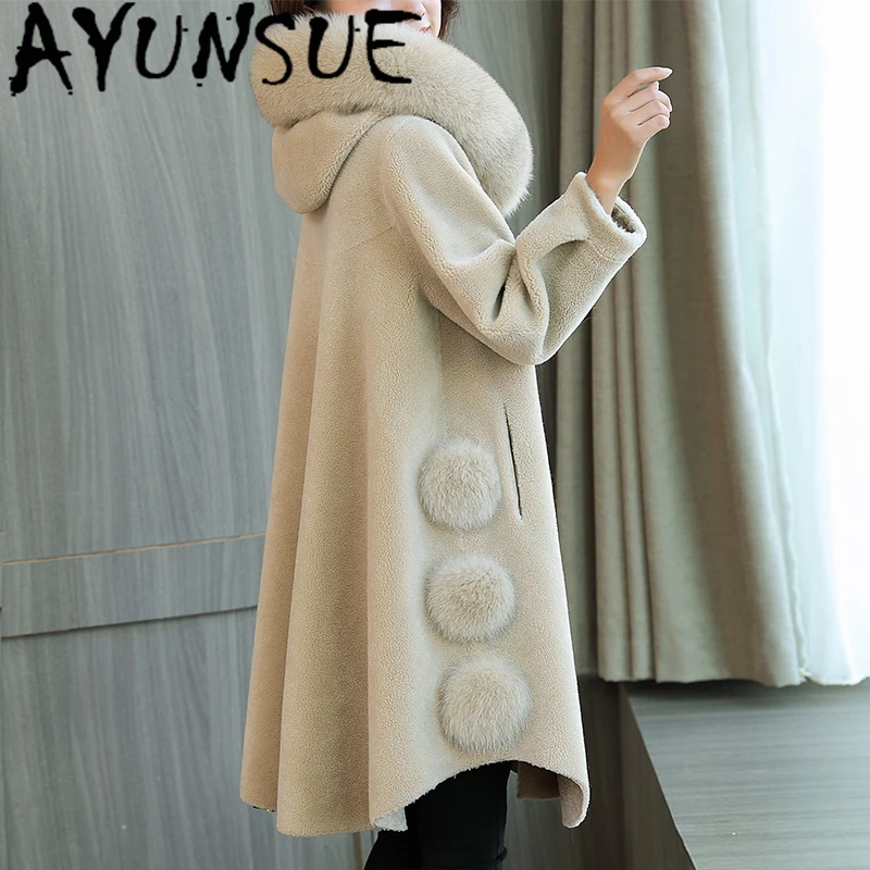 

AYUNSUE Real Fur Coat Female Jacket 100% Wool Winter Clothes Fox Fur Collar Hooded Jackets for Women 2020 Mujeres Abrigos 8116