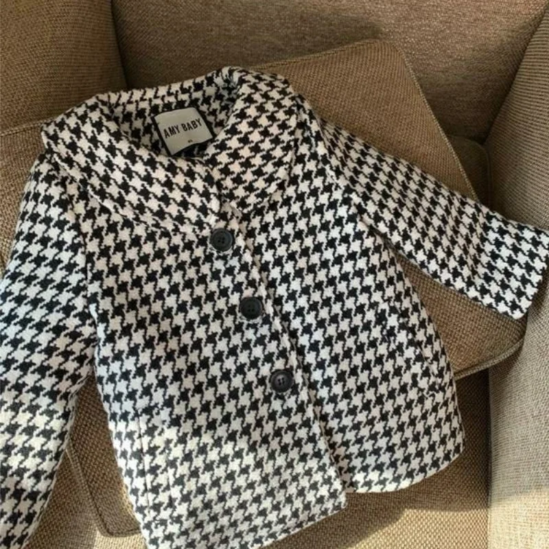 Baby Girl Woolen Jacket Plaid Lattice Warm Infant Toddle Lapel Tweed Coat Winter Autumn Spring Baby Windbreaker Overcoat Clothes