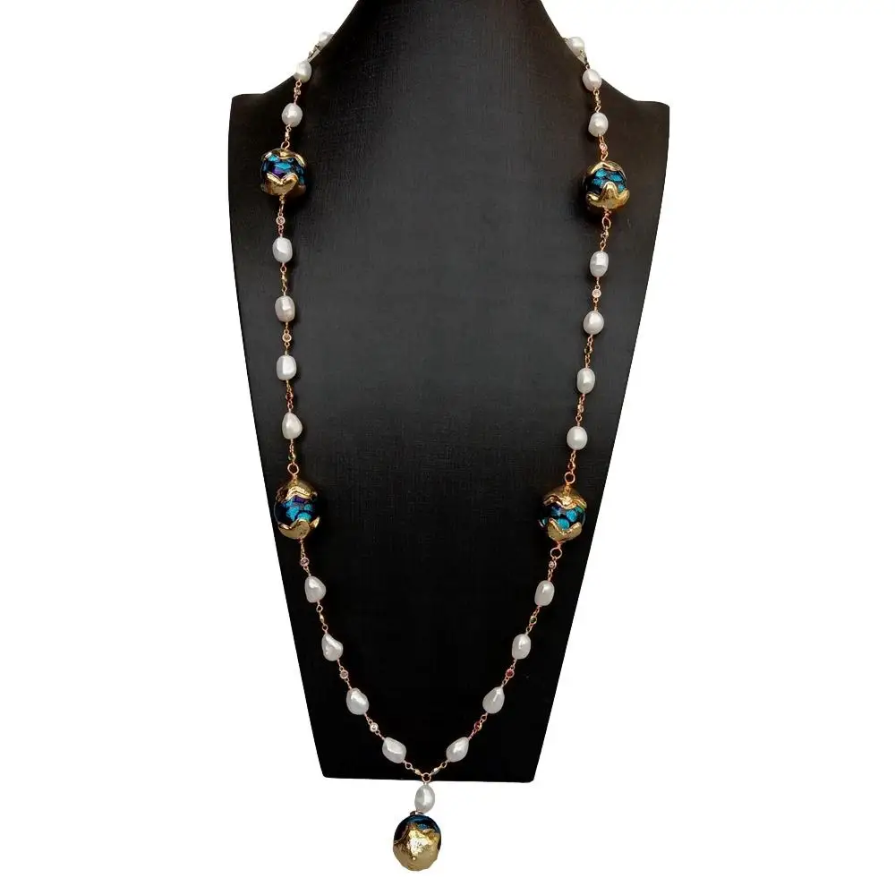 Y.YING Cultured White Baroque Pearl Blue Murano Glass Rosary Chain Long Necklace Lady Jewelry 33\