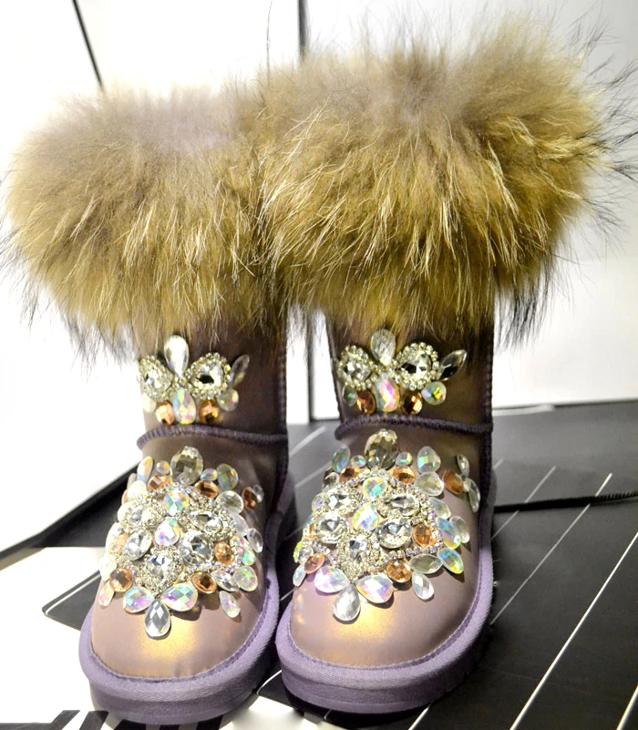 Luxury Real Fox Fur Rhinestone Beads Snow Boots Woman Gold Purple Leather Plush Inside Winter Boots Thick Sole Women Warm Shoes