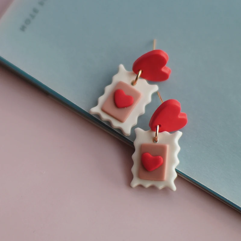 Valentine Gift Love Cute Small Size Dangle Heart Pink Red Stamp Envelop Long Links Polymer Clay Earrings Sets Handmade Gifts