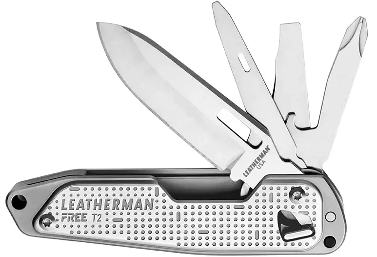 LEATHERMAN - FREE T2/T4 Multitool and EDC Pocket Knife with Magnetic Locking and One Hand Accessible Tools